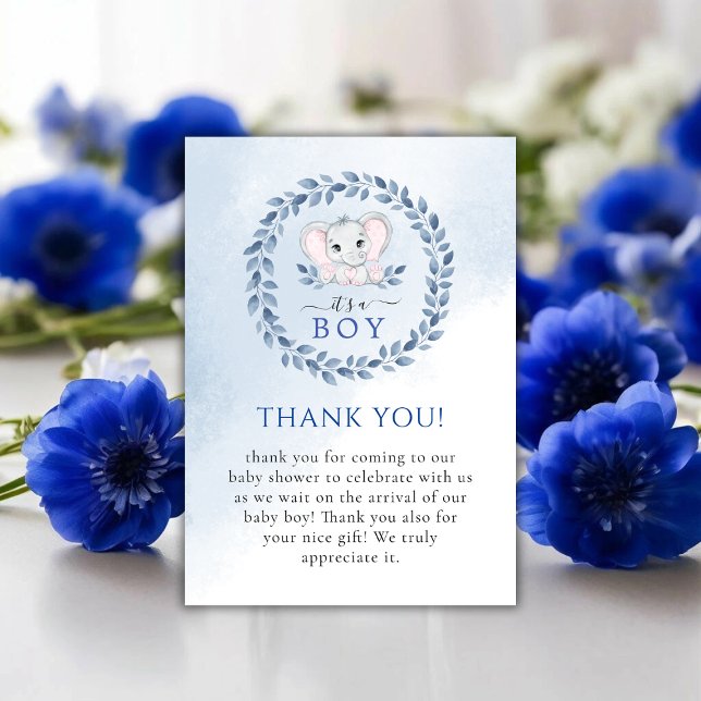 Elefant med Blue Anemones Boy Shower Tack Kort (Elephant With Blue Anemones Boy Baby Shower Thank You Card)