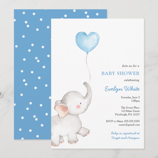 Elefant med Blue Balloon Baby Shower Inbjudningar (Fram/baksida)