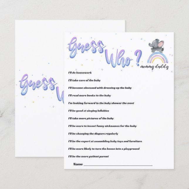 Elefant med färgglad regnbåge Baby Shower Lek (Fram/baksida)