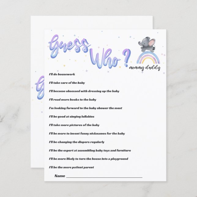 Elefant med Färgrikt Regnbåge Bebis Shower Spel (Fram/baksida)