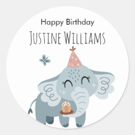 Elefant med födelselsedagstårta och festhatt runt klistermärke