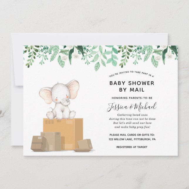 Elefant med Greenery Baby Shower by Mail Inbjudningar (Framsida)