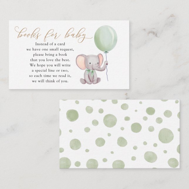 Elefant med Grönt Balloon Bokar för Baby Tilläggskort (Fram/baksida)