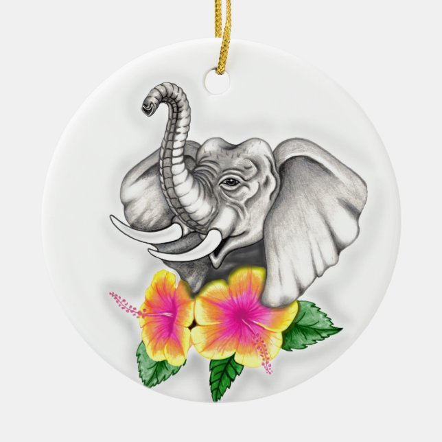 Elefant med Hibiscus Design Julgransprydnad Keramik (Framsidan)
