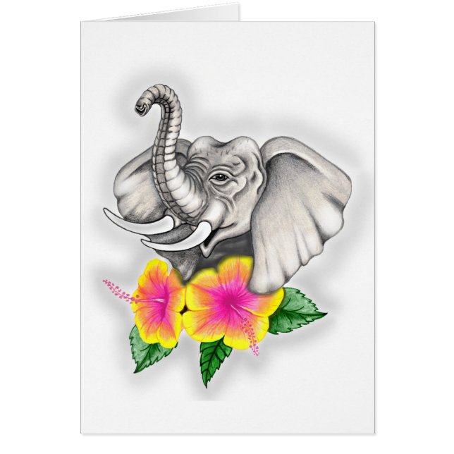 Elefant med hibiskusdesign hälsningskort (Framsidan)