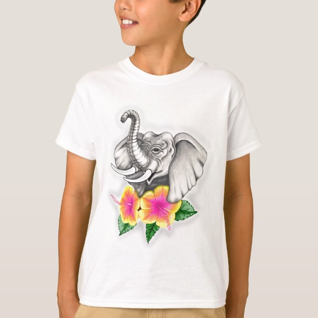 Elefant med hibiskusdesign tee shirt (Framsida)
