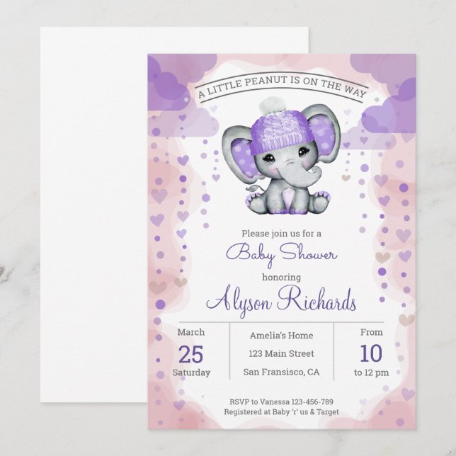 Elefant med lila hatBaby Shower-inbjudan Inbjudningar (Fram/baksida)