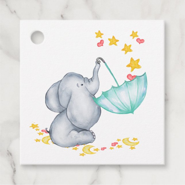 Elefant med Paraplla Cute Neutralt Baby Shower Gåvor Etiketter (Framsida)