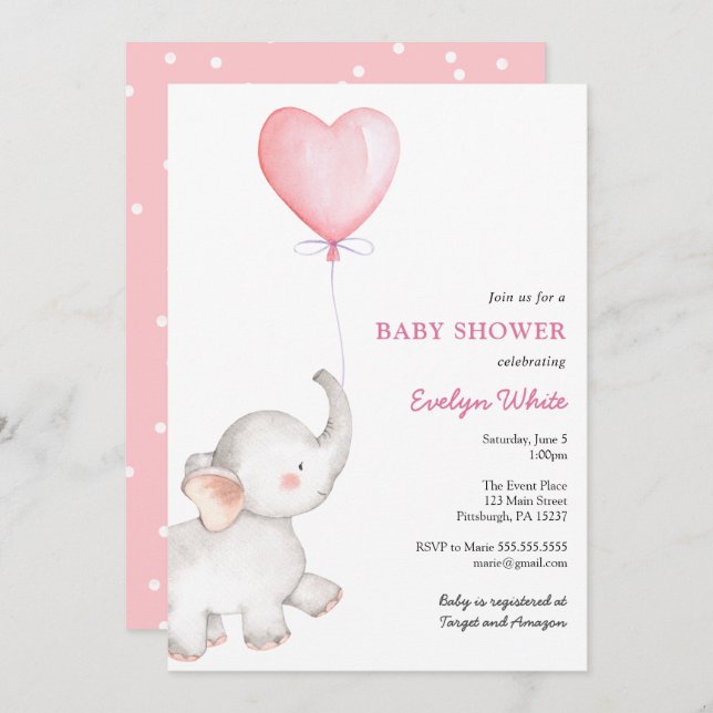 Elefant med Rosa Balloon Baby Shower-inbjudan Inbjudningar (Fram/baksida)