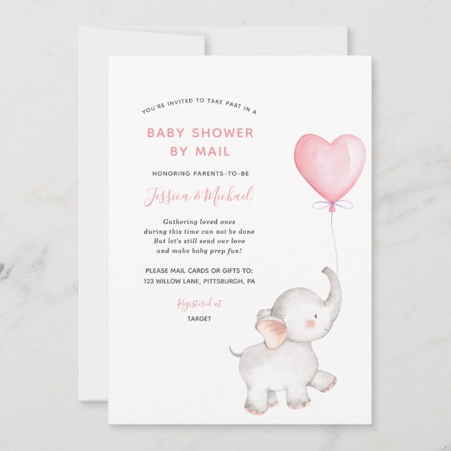 Elefant med Rosa Blegon Baby Shower by Mail Inbjudningar (Framsida)