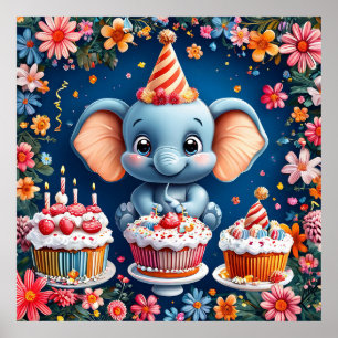Elefant med Tårta & Ballonger Konst Barnkalas Poster