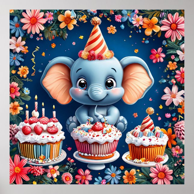 Elefant med Tårta & Ballonger Konst Barnkalas Poster (Framsidan)