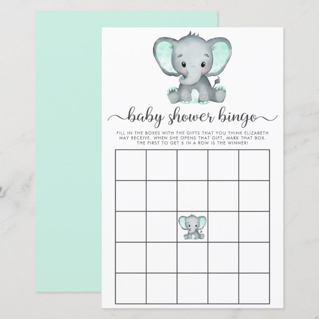Elefant Mint Vattenfärg Baby Bingo Bris Shower Gam (Fram/baksida)