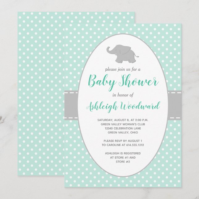 Elefant Mintgrön Grå Prickig Baby Shower Inbjudningar (Fram/baksida)