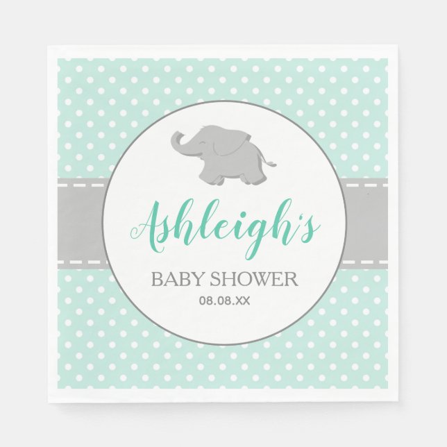 Elefant Mintgrön Grå Prickig Baby Shower Pappersservett (Framsidan)