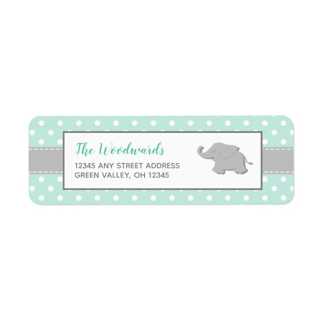 Elefant Mintgrön Grå Prickig Baby Shower Returadress Etikett (Framsidan)