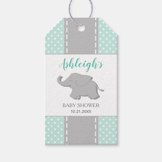 Elefant Mintgrön Prickig Baby Shower Favor Presentetikett (Framsidan)