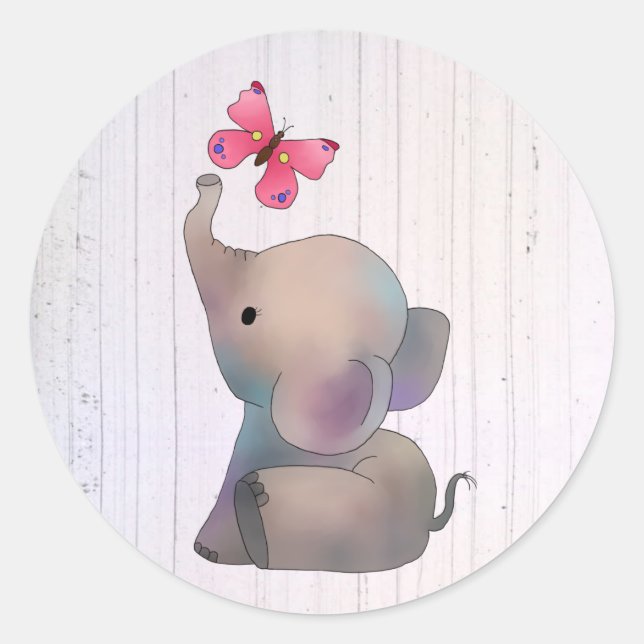 Elefant mit rosa Schmetterling Runt Klistermärke (Framsida)