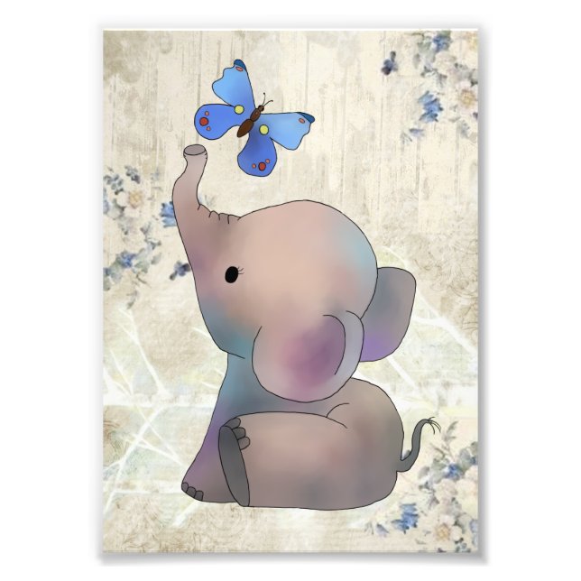 Elefant mit Schmetterling vintage Fototryck (Framsidan)