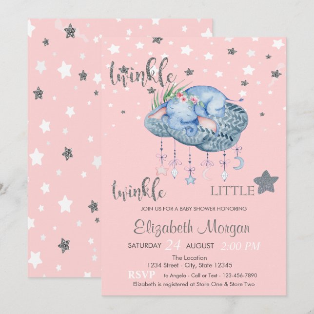 Elefant Moln Liten Stjärna Baby Shower Inbjudningar (Fram/baksida)