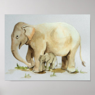 Elefant Mor och Baby Watercolor Skriv ut 11x8.5 Poster