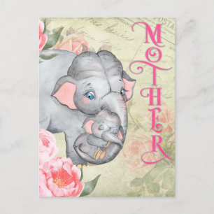 Elefant och Baby Vintage Blommigt Mors dag Vykort