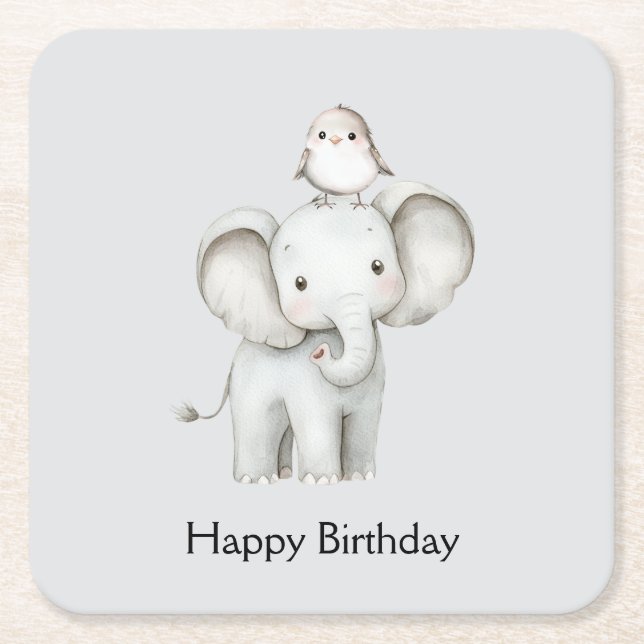 Elefant och fågel bästa vänner grå födelsedag underlägg papper kvadrat (Framsidan)