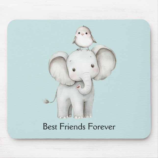 Elefant och fågel bästa vänner mint musmatta (Framsidan)