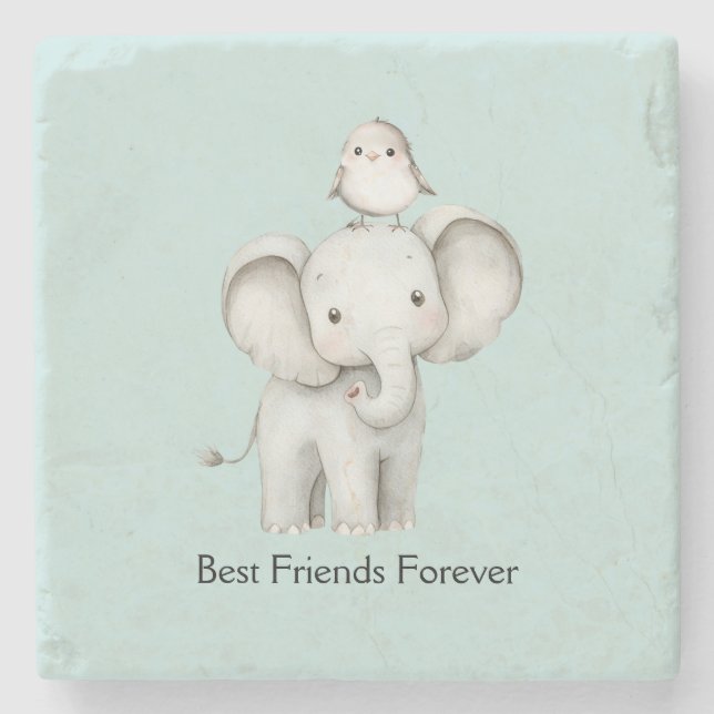 Elefant och fågel bästa vänner mint stenunderlägg (Framsidan)