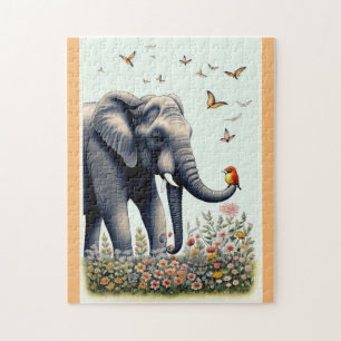 Elefant och fåglar som flyger pussel