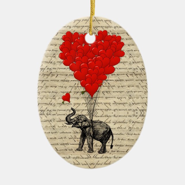 Elefant och hjärtformade ballonger julgransprydnad keramik (Framsidan)