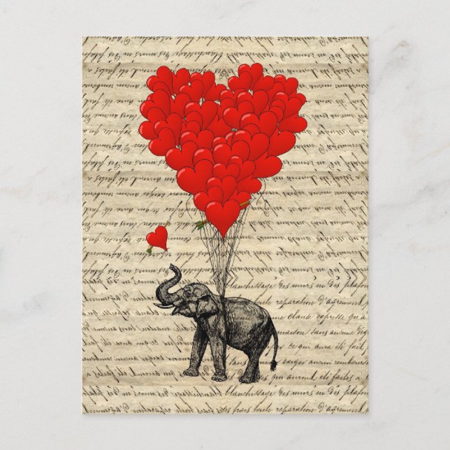 Elefant och hjärtformade ballonger vykort (Framsida)
