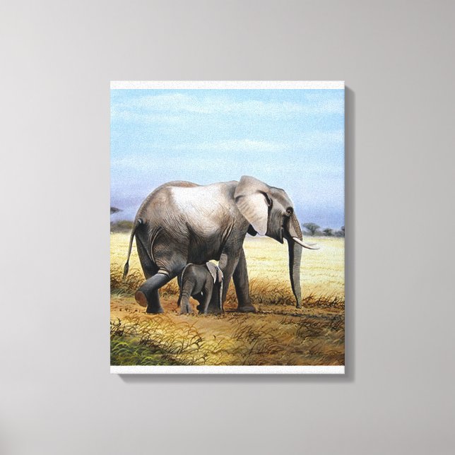 Elefant och kalv oljemålning canvastryck (Framsida)