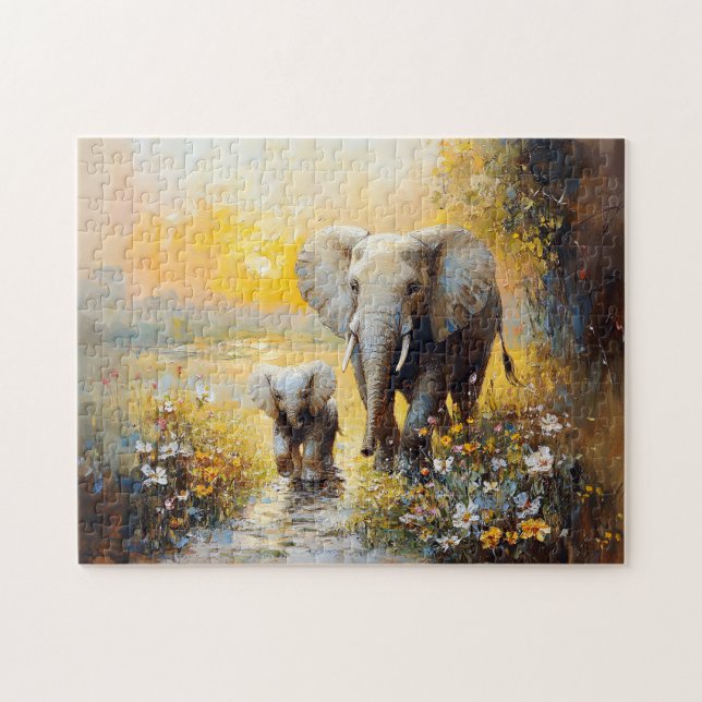 Elefant- och kalvblommor och solnedtryckning pussel (Horisontell)