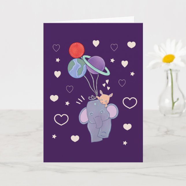 Elefant och kanin rymdballongfärd | Whimsical  Kort (Liten växt)