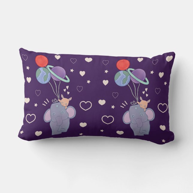 Elefant och kanin rymdballongfärd | Whimsical  Lumbarkudde (Baksida)