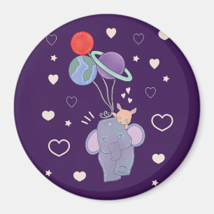Elefant och kanin rymdballongfärd Whimsical Magnet