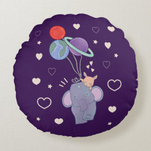 Elefant och kanin rymdballongfärd   Whimsical  Rund Kudde