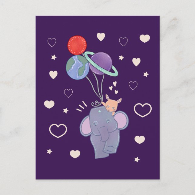Elefant och kanin rymdballongfärd | Whimsical  Vykort (Framsida)