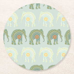 Elefant och Mandala i Ljusgrönt Underlägg Papper Rund