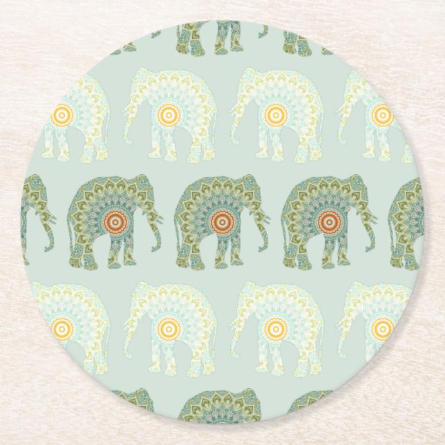 Elefant och Mandala i Ljusgrönt Underlägg Papper Rund (Framsidan)