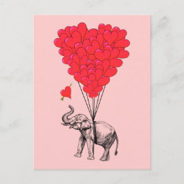 Elefant- och röda hjärtballonger vykort