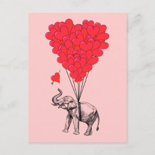Elefant- och röda hjärtballonger vykort
