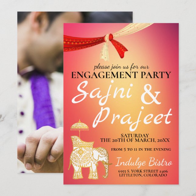 Elefant och Scarf Indian Förlovningsfest Inbjudningar (Fram/baksida)