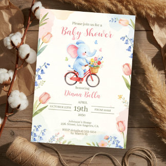 Elefant på cykel Blommig baby shower Inbjudningar