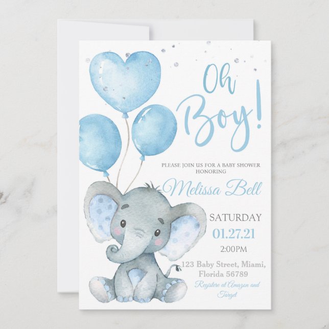 Elefant Pojke Baby Shower Inbjudan Elefant Tema (Framsida)