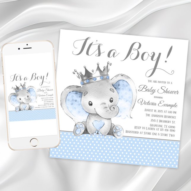 Elefant prins baby shower inbjudningar (Boy elephant baby shower invitation. Instant download and printed invitations are available.)