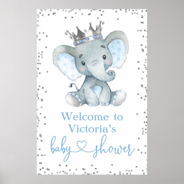 Elefant Prins Glitter Baby Shower Välkomstskylt Poster (Framsidan)