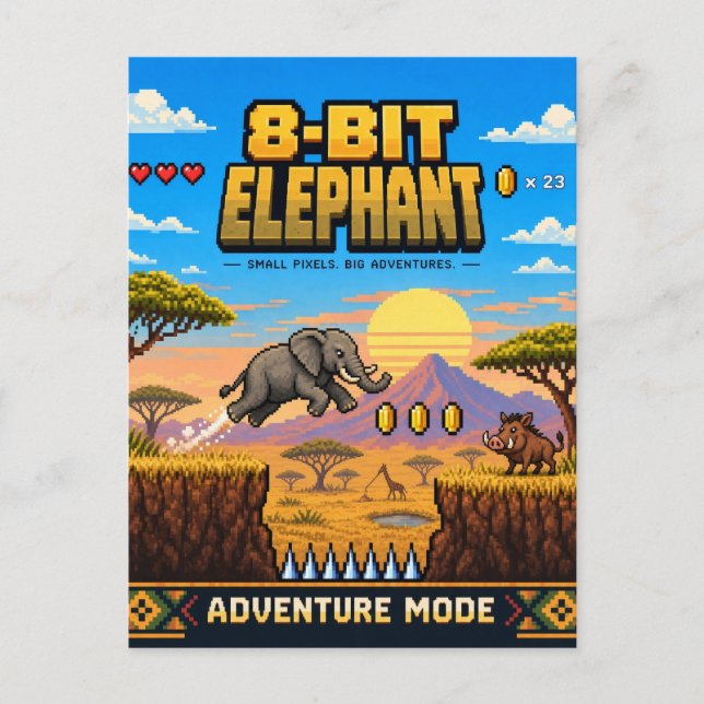 Elefant, Retro 8-Bit Pixel Art Vykort (Framsida)