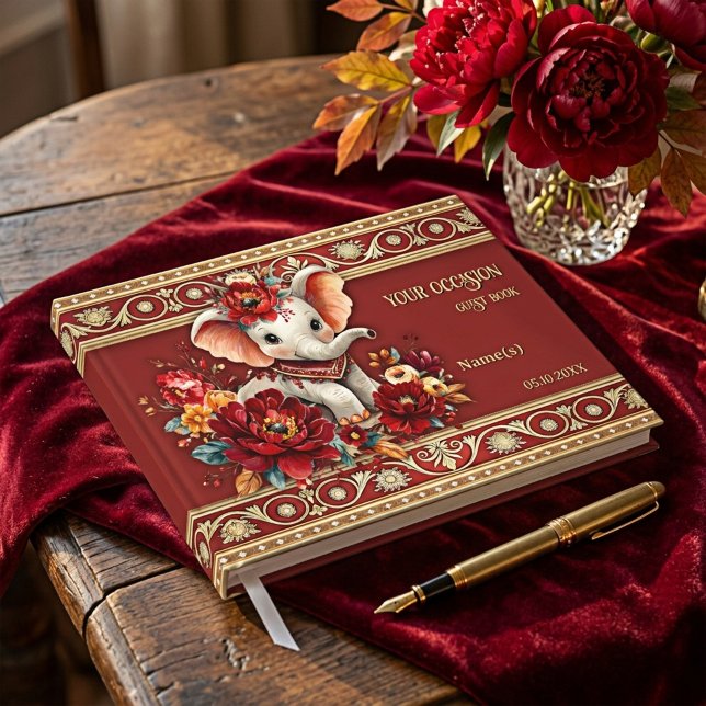 Elefant Röd Peony Blommig Indisk Gästböcker (Whimsical yet traditional Indian  style guest book with baby elephant )